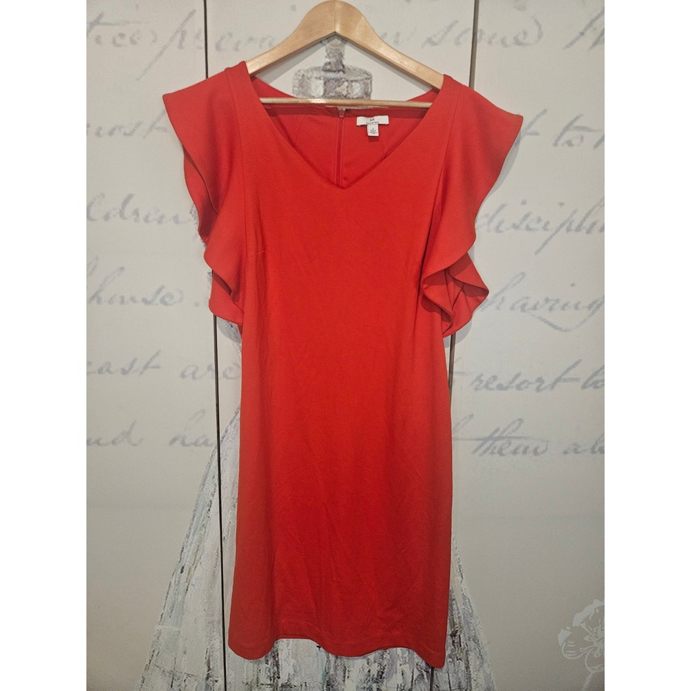 Halston Heritage Red Flutter Sleeve V-Neck Cutout Back Sheath Dress 12